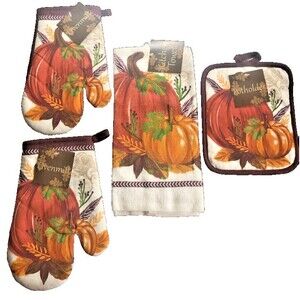 Pumpkin Kitchen Dish Towel Oven Mitts Potholder Thanksgiving Autumn Set of 4